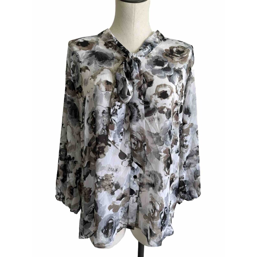 Studio Works Floral Blouse Smocked Sheer Neck Tie Size XL Office
